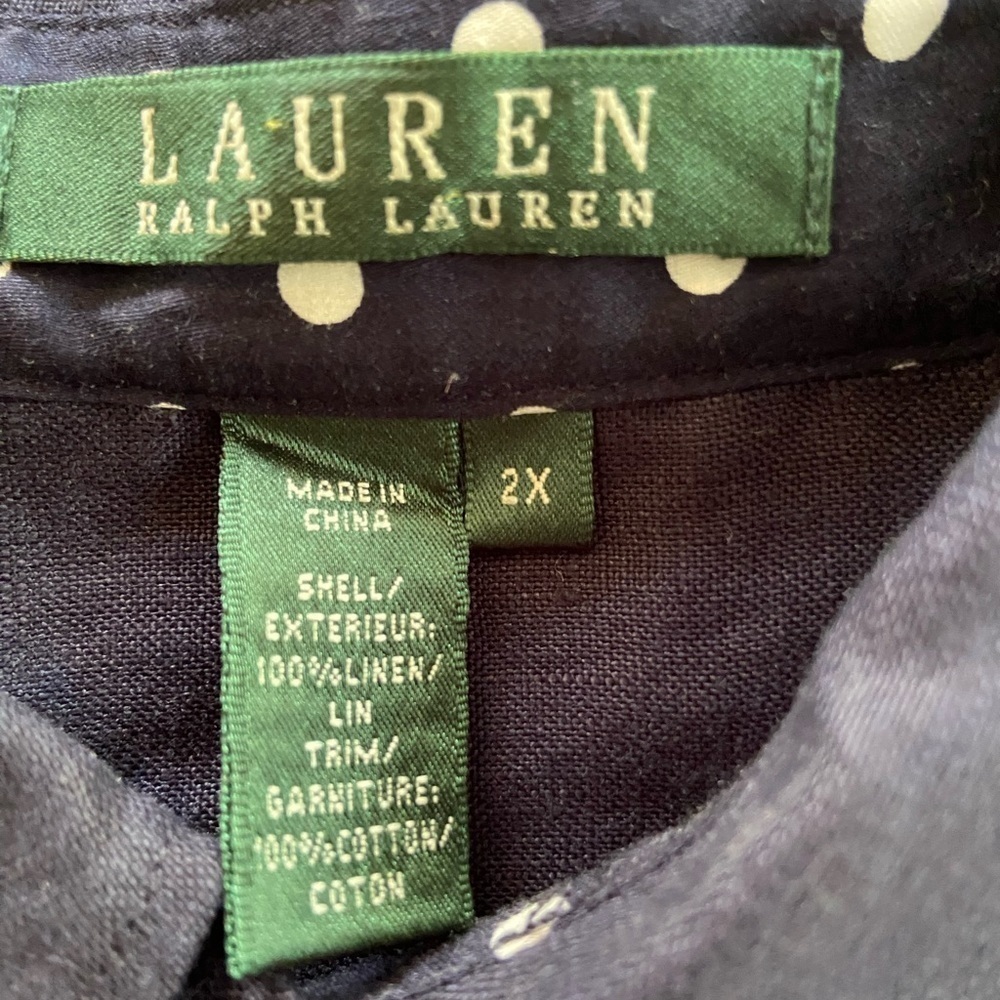 Lauren Ralph Lauren 100% Linen Shirt Navy Blue Sz 2X XXL Polka Dot Collar READ - Picture 4 of 12